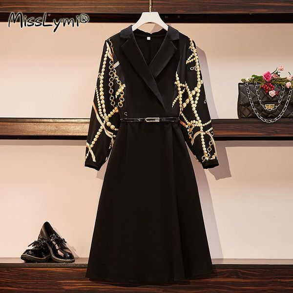 

casual dresses 5xl plus size women elegant print dress autumn 2021 fashion notched collar chiffon long sleeve patchwork loose ladies, Black;gray