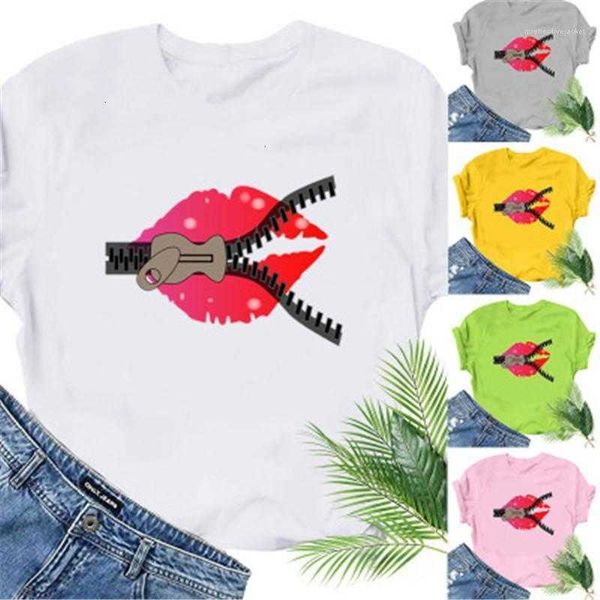 

women's t-shirt lip fun pattern loose tshirts women zipper lips fashion trend round neck short sleeve tees designer females casual col, White
