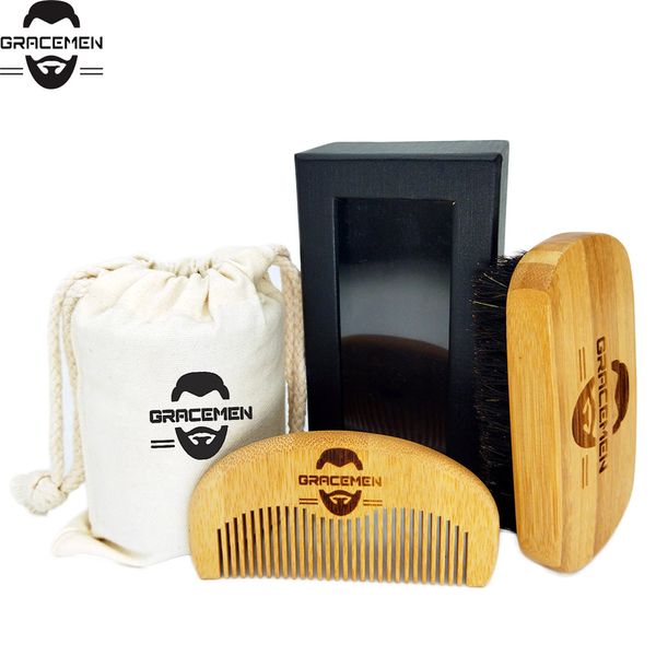 MOQ 100 sets OEM logotipo personalizado Eco-amigável cabelo de bambu / kit de care barba com caixa de saco para cavalheiros bigode barbas pincel e pente conjunto