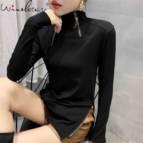 

fall winter korean style t-shirt women fashion solid zipper turtleneck cotton for femme bottoming shirt tees t09301l 210330, White
