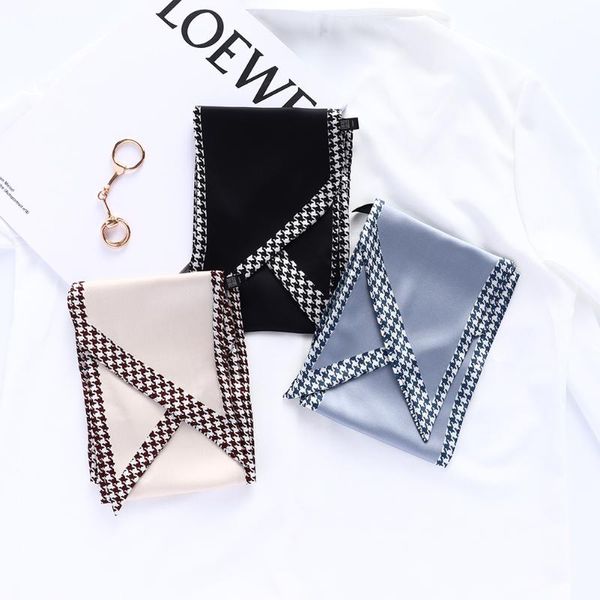 

scarves 2021 korean houndstooth designer long skinny silk head satin scarf women luxury small bag ribbon hair band tie scarfs female, Blue;gray