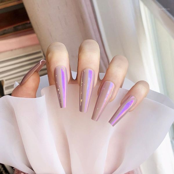 

24pcs detachable shiny false nails gourd naked purple mirror ballerina wearable fake manicure coffin full cover nail tips1, Red;gold