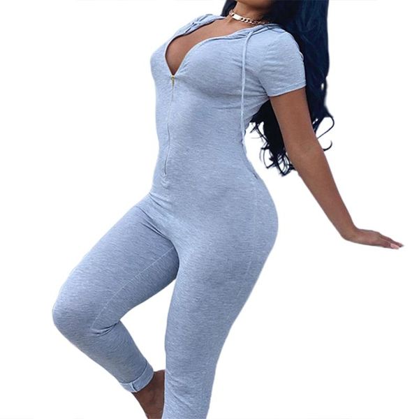 

women hooded jumpsuit 2021 short sleeve romper zipper ladies clothing solid color overalls summer bodycon women's jumpsuits & rompers, Black;white