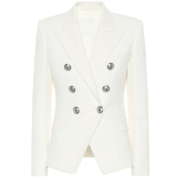 

high street classic designer blazer women's double breasted metal lion silver buttons pique blazer jacket 210330, White;black