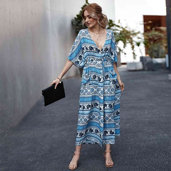 

fashion ladies spring summer deep v neck long dress women new a-line bohemian print half sleeve high waist long dress 210413, Black;gray