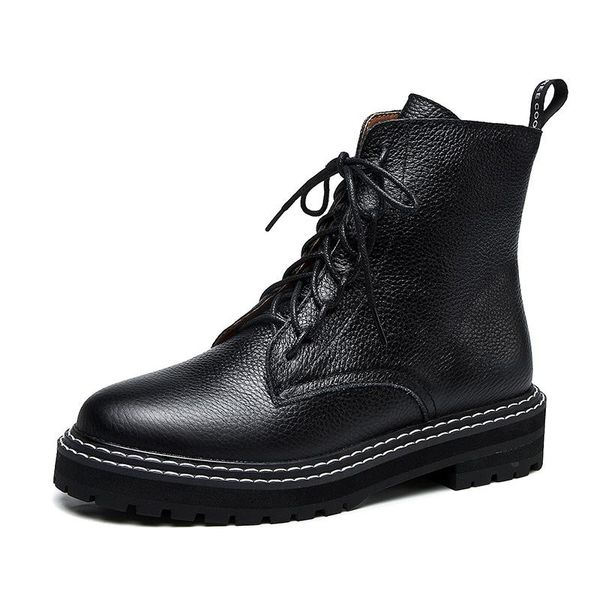 

boots donna-in genuine leather women autumn black lace-up platform ankle thick bottom ladies shoes