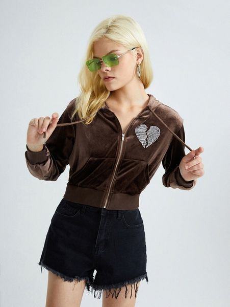 

rhinestone zip up velvet hoodie o3g5#, White;black