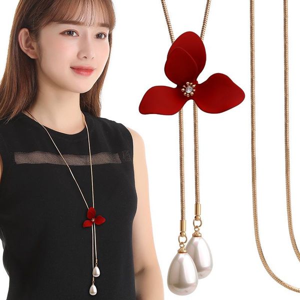 

pendant necklaces byspt elegant red flower simulated pearl vintage necklace charm women friend gift gifts, Silver