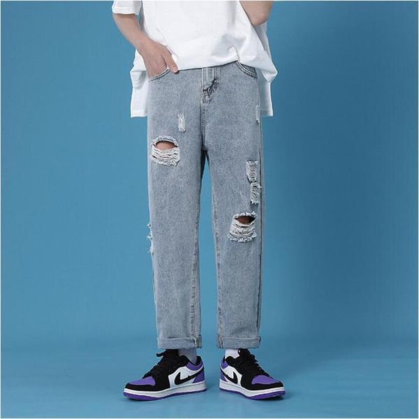 

men's jeans holed fashion brand loose summer thin straight casual pants, Blue