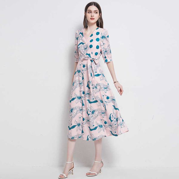 

women summer designer elegant polka dot floral print v neck party robe female vintage pink casual dresses vestidos 210525, Black;gray