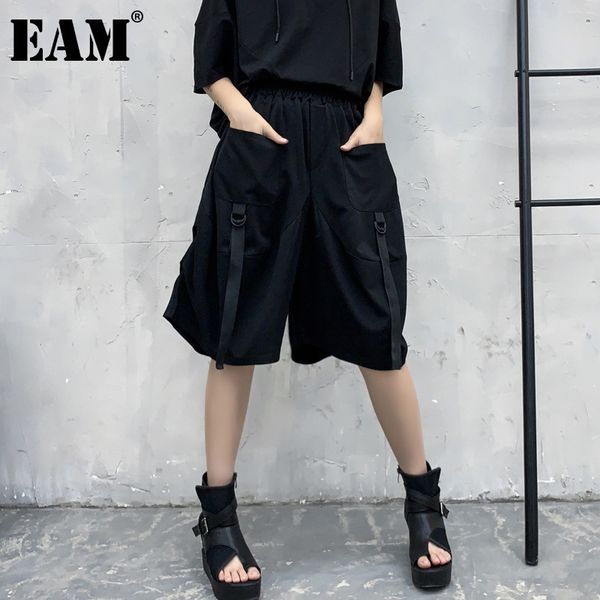 

[eam] high elastic waist black pocket strap wide leg trousers loose fit pants women fashion spring summer 1dd7643 21512, Black;white