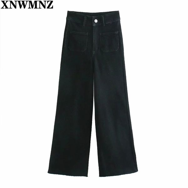 Za Premium aufgesetzte Tasche Marine gerade Jeans Frau Denim Hosen Vintage hohe Taille Reißverschluss Fly Denim weibliche Knöchel Hosen Mujer 210510