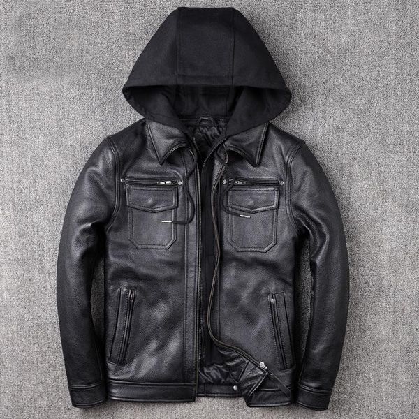 

genuine leather men's jacket hooded motorcycle wear slim & faux, Black