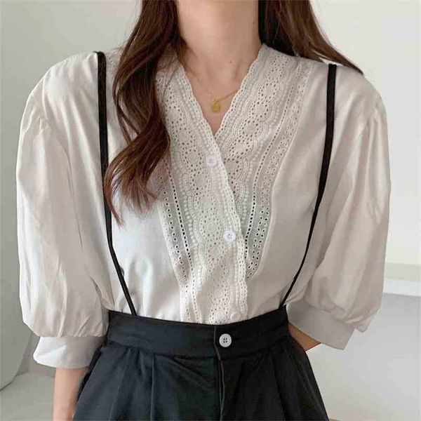 

white office lady high street chic casual all match girls loose gentle sweet femme elegance shirts 210525