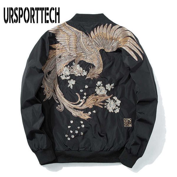 

harajuku luxury flower phoenix embroidery jacket men yokosuka souvenir spring autumn men baseball pilot jacket casual loose coat 210528, Black;brown