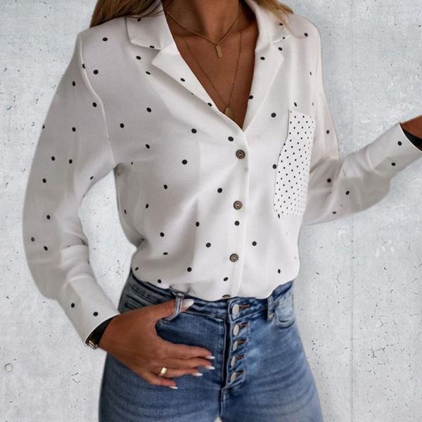 

female autumn blouse women polka dot print pockets trendy ladies office lady 2021 long sleeve turn-down collar women's blouses & shirts, White