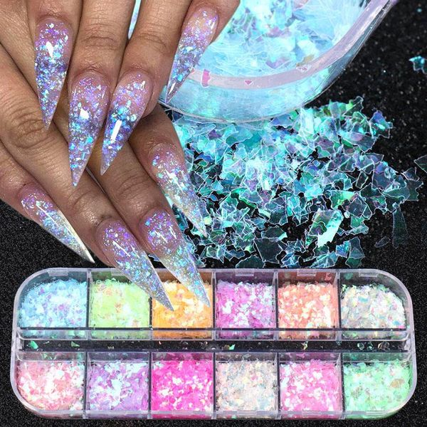 

nail glitter 12 grids/box 3d flakes fluorescent sequins sparkly paillette decorations diy chameleon accessory, Silver;gold