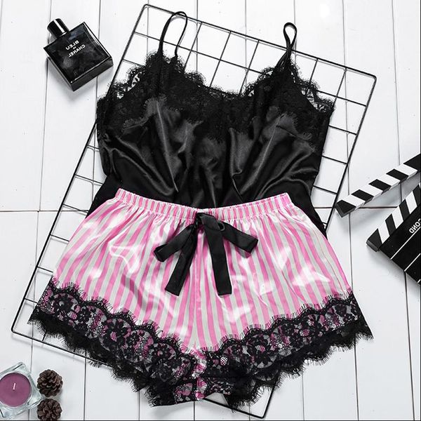 

lingerie striped satin women sleepwear silk lace floral v neck sleeveless nightwear shorts pajamas set, Black;red