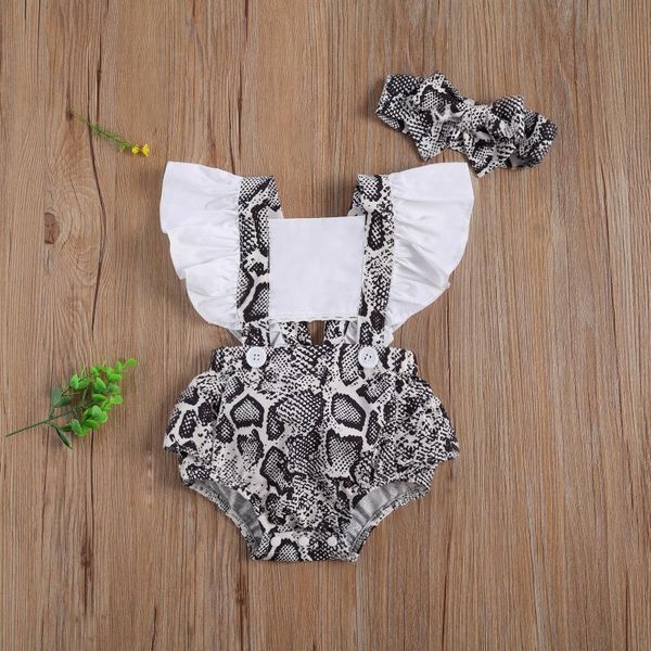 

clothing sets 2pcs toddler girls romper baby headband sleeve patchwork hollow crotch buttons snakeskin printed clothes, White