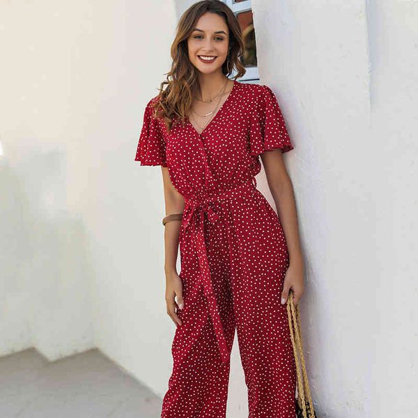 Frauen Casual Sommer Overall Strampler Red Dot Print Rüschen Strand Strampler Playsuit Vintage lange Hosen Boho Strampler Overalls 210415