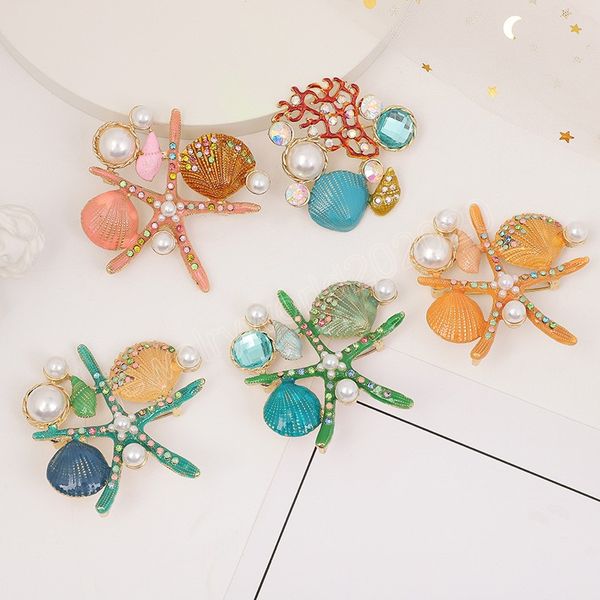 Star Star Coral Starfish Brooches Pins Donne Pearl Animal Ocean Series Party Office Brooch Spilla Strass Perle Pin gioielli