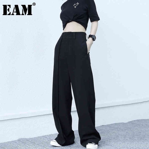 

[eam] high elastic waist black wide leg pleated trousers loose fit pants women fashion spring autumn 1dd6699 210512, Black;white
