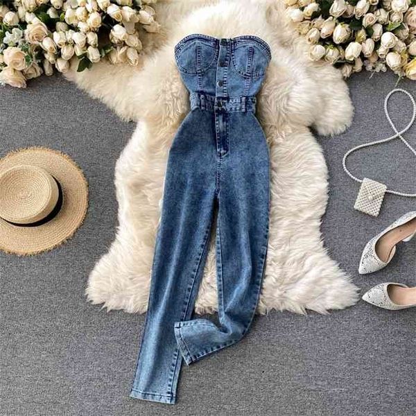 

amolapha women button strapless slim denim jeans jumpsuits outfit, Black;white