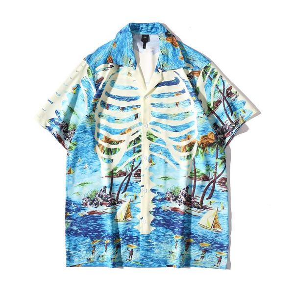 

men's casual shirts 2021 high street hawaiian skeleton full print beach cardigan leisure short sleeves man, White;black