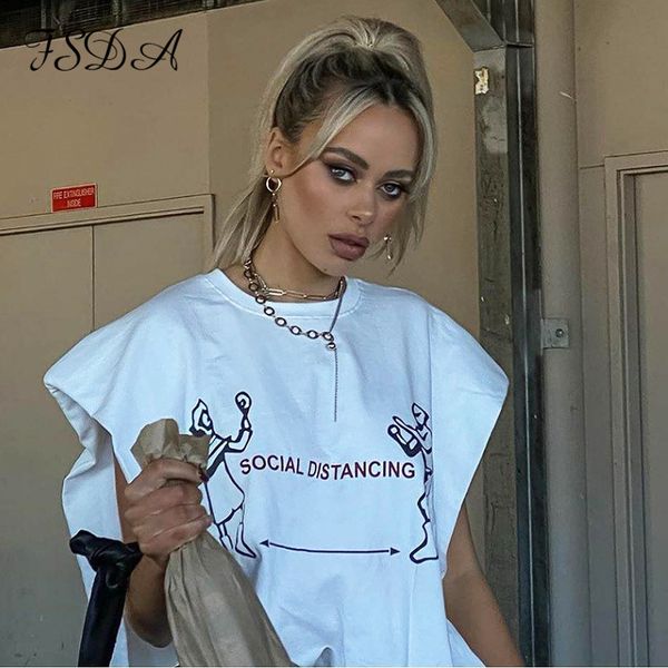 

2021 letter print crop women sleeveless with shoulder pads summer white o neck casual t shirts y2k fashion tee basic, Black;white