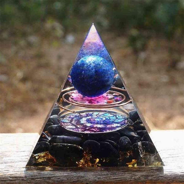 Orgonite Pyramid 60mm Sfera di cristallo ametista con ossidiana Cristal naturale Pietra Orgone Energy Healing Reiki Chakra Multiplier 210804