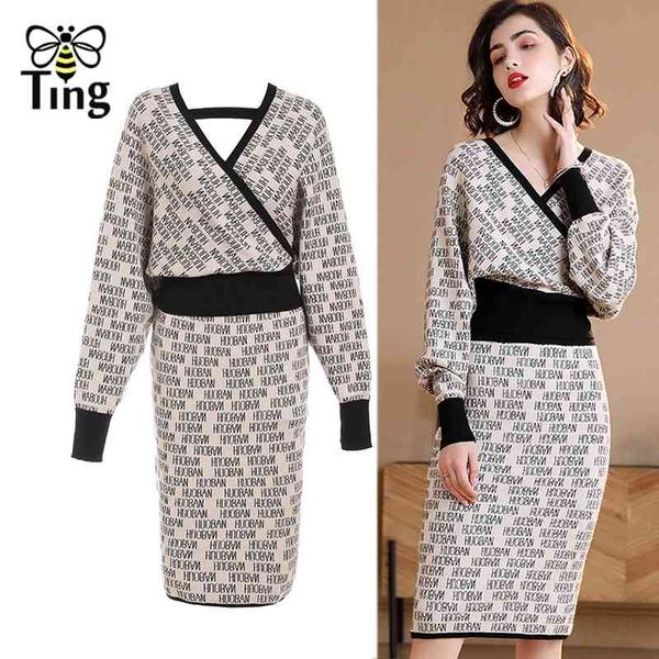

winter autumn letter print v neck knitted sweater + bodycon skirt women sets dress two piece casual 210513, White