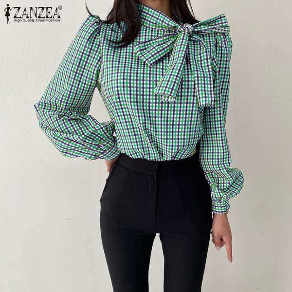 

women's blouses & shirts blouses women plaid blouse autumn bow tie casual puff sleeve work tunic office lady loose blusas femininas ov, White