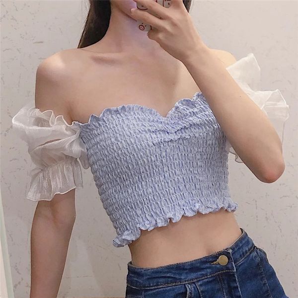 

sweet organspliced crop blouses women's puff sleeve elastic female shirts vintage high waist ladies summer 210430, White