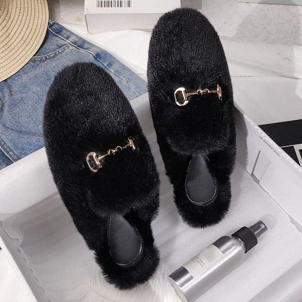 

slippers women winter slippes mules home fluffy female casual chain plus size house footwear ladies fashion warm plush elegant, Black