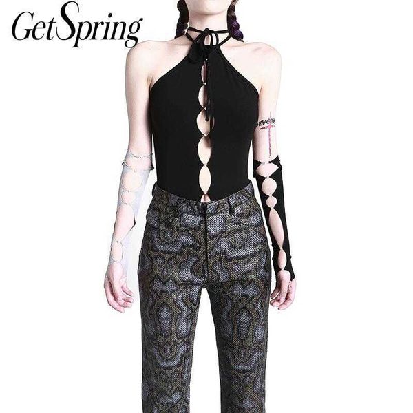

getspring women bodysuits overlapping hollow out summer sleeveless bandage ladies bodysuit fashion black grey 210601, Black;white