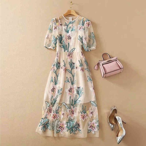 

women's fashion runway spring summer floral embroidered mesh party femme midi dress, Black;gray