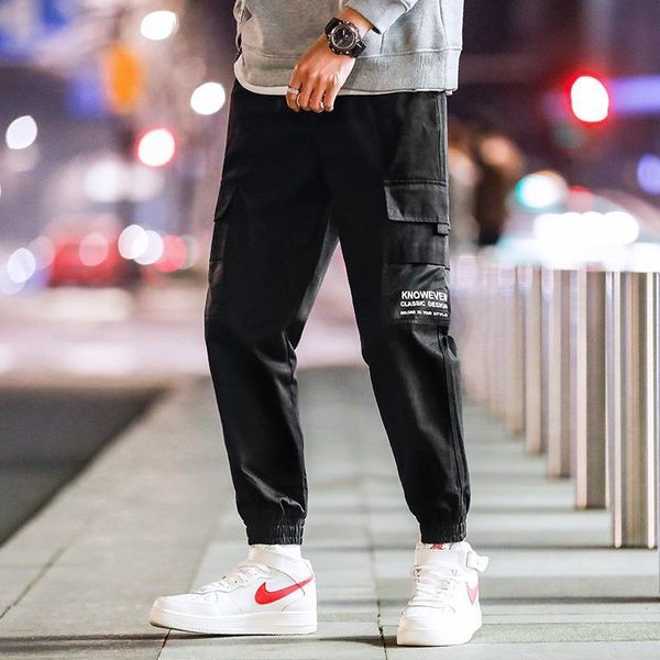 

men letter multi-pocket loose overalls summer large size beam feet nine-point pants kargo pantolon sports and leisure work men's, Black