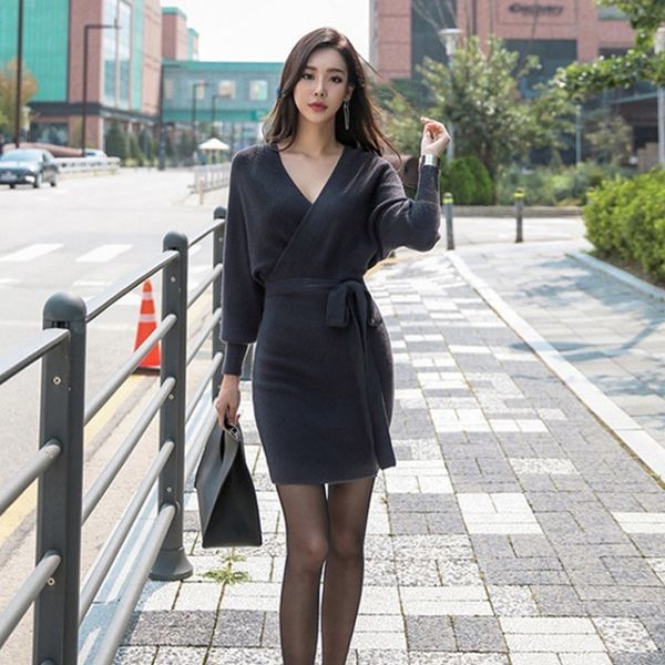 

genayooa winter long sleeve black bodycon women v-neck back hollow out dress elegant vestidos with belt 210417, Black;gray