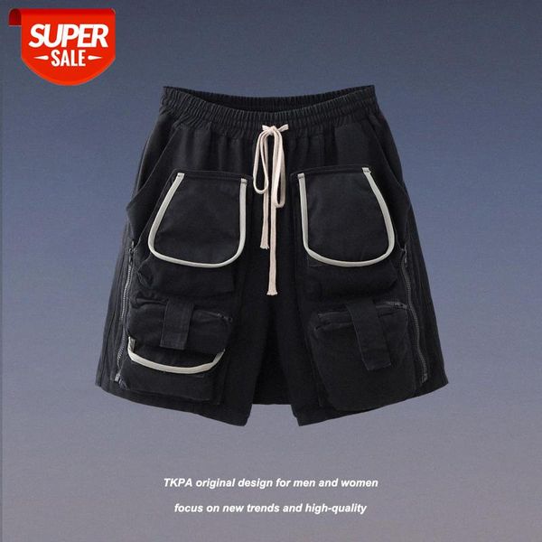 

tkpa multi-pocket functional wind cargo shorts detachable loose casual five-point pants drawstring suspender #ct8q, Black