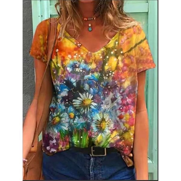 

women's 3d daisy print polyester t-shirt oversized loose short sleeve v-neck t-shirt casual streetwear summer basic t-shirt 5xl, White