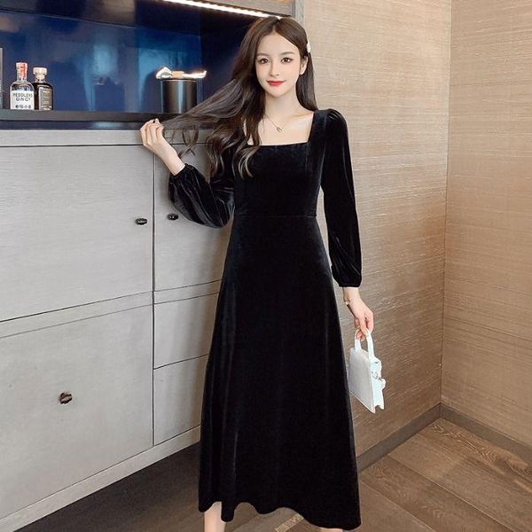 

french style square collar velvet dresses autumn puff sleeve slim waist vestidos elegant long women dress casual, Black;gray