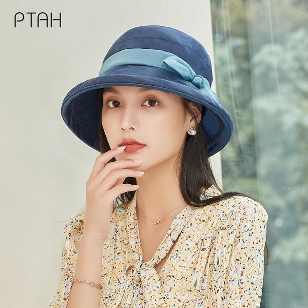 

wide brim hats [ptah] fashion 100% mulberry silk summer sun protection breathable cap women's upf50+ anti-uv hat female not polyester, Blue;gray