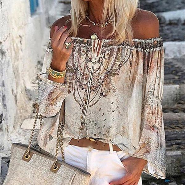 

women's blouses & shirts women long sleeve off shoulder floral print hollow out lace up blouse female casual for, White