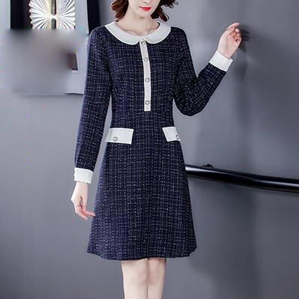 

casual dresses only plus dress female autumn slim button up 2021 solid color long-sleeved doll collar reduced age and thin a-line skirt, Black;gray