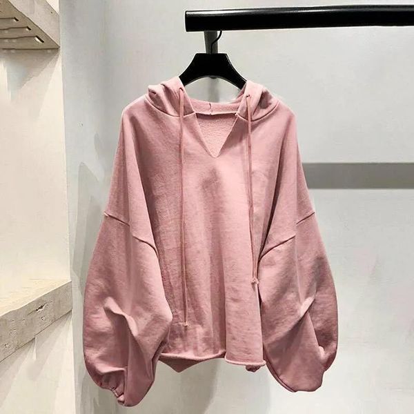 

women's hoodies & sweatshirts cotton women lantern sleeve oversize v-neck solid color clothing autumn casual lady, Black