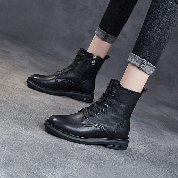 

boots yiluan women shoes student 2021 spring genuine leather female short warm woman booties lace retro trend naked, Black