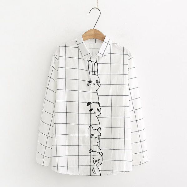 

women's blouses & shirts 2021 autumn simple white blouse women casual all match cartoon embroidery plaid cotton shirt student fresh swe