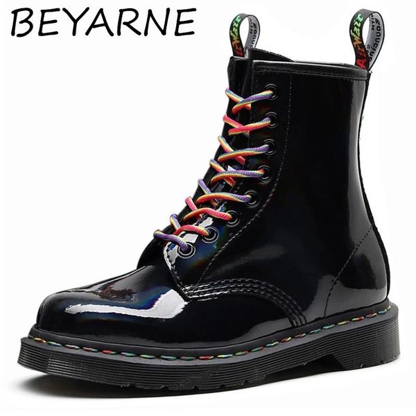 

sandals beyarneankle boots rainbow patent leather british style mirror gradient short laser genuine trend men women, Black
