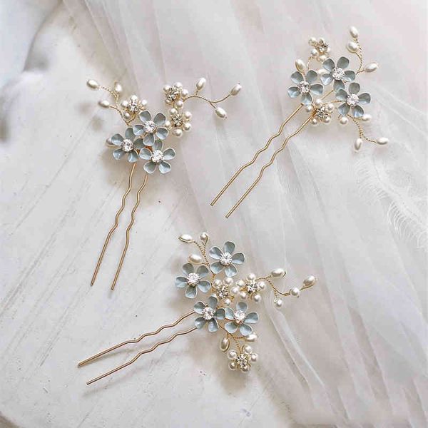 

blue flower bridal hair pins clips zirconia pearl hairpins gold head pieces for bridesmaids wedding accessories brides jewelry, Golden;white