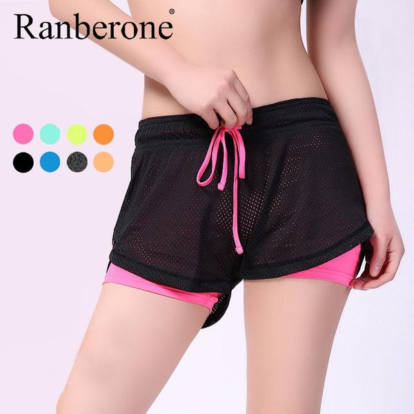 

yoga outfits ranberone women sports shorts fitness gym leggings drawstring fake 2 pieces running training quick-drying high waist, White;red